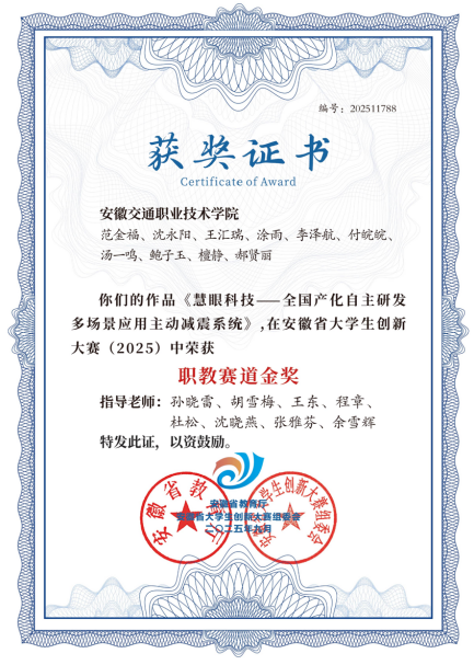 《慧眼科技-全国产化自主研发多场景应用主动减震系统》获安徽省大学生创新大赛（2025）职教赛道金奖