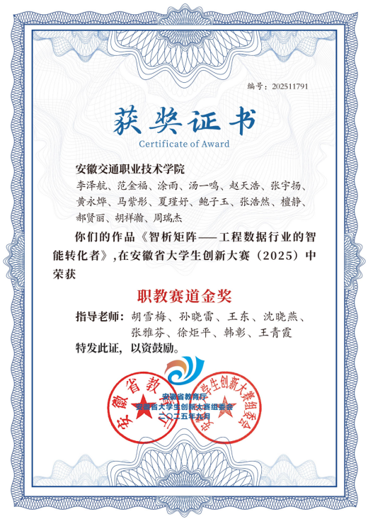 《智析矩阵-工程收据行业的智能转化者》获安徽省大学生创新大赛（2025）职教赛道金奖